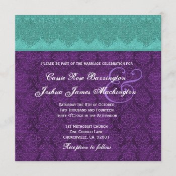 Teal and Purple Damask Monogram Wedding V15 Invitation