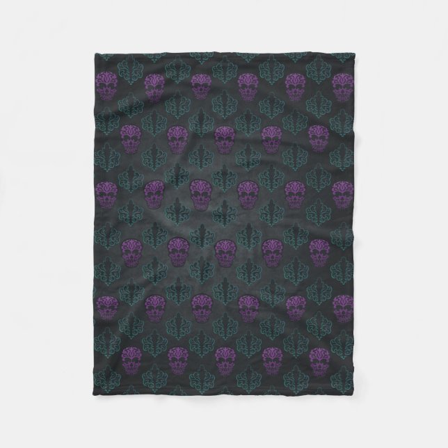 Teal and Purple Damask Skulls Fleece Blanket (Front)
