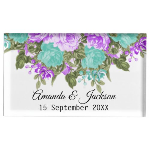 Teal and Purple Flowers Place Card Holder