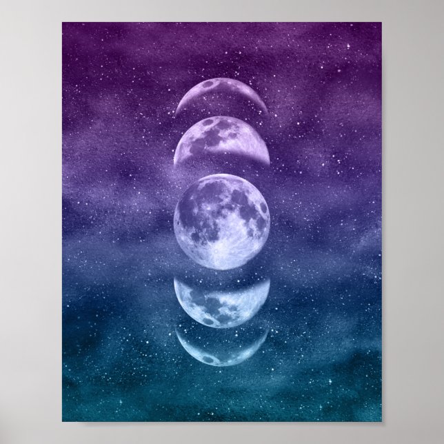 Teal and Purple Lunar Moon Phases Celestial Art Poster (Front)