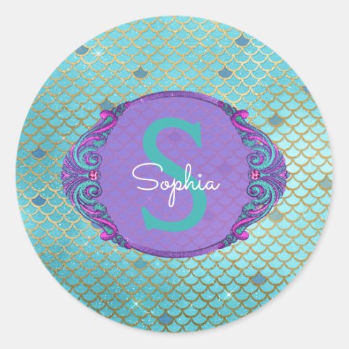 Teal and Purple Mermaid Scales Monogram Birthday Classic Round Sticker