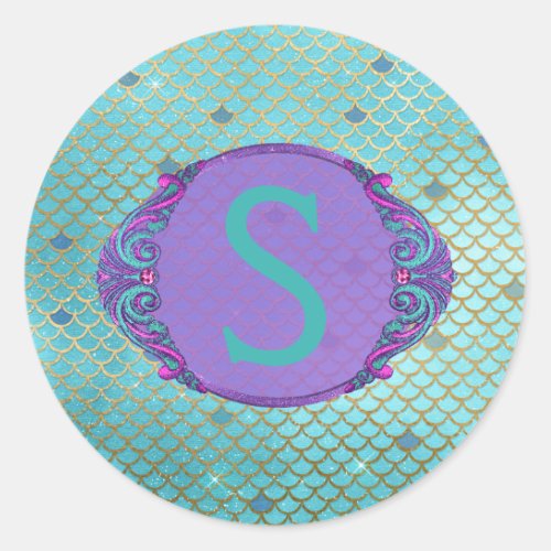 Teal and Purple Mermaid Scales Monogram Birthday Classic Round Sticker