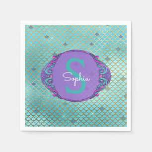 Teal and Purple Mermaid Scales Monogram Birthday Napkins