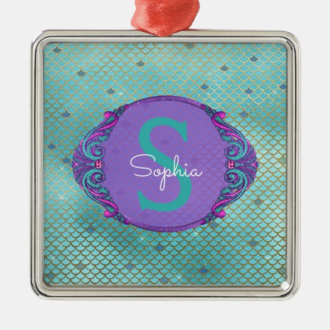 Teal and Purple Mermaid Scales Monogram Christmas Metal Ornament (Front)