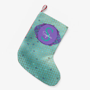 Teal and Purple Mermaid Scales Monogram Christmas Small Christmas Stocking
