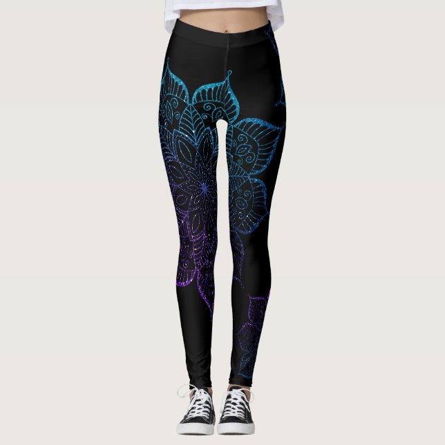 Teal and Purple Ombre Faux Glitter Mandalas, Black Leggings (Front)