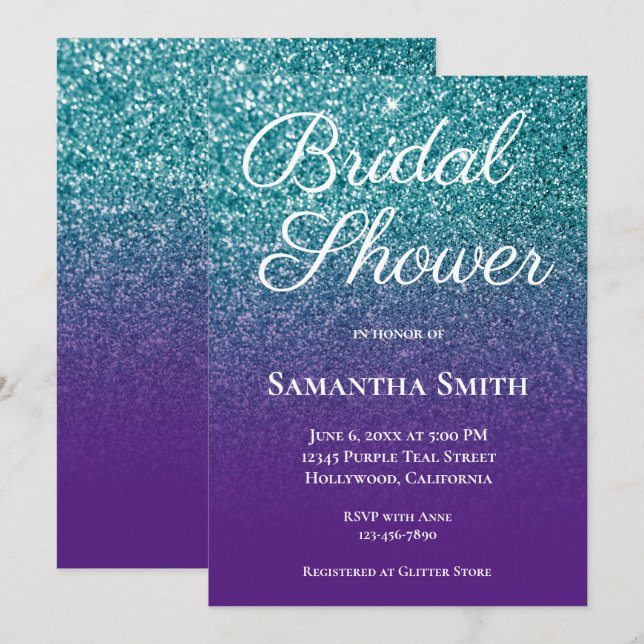 Teal and Purple Ombre Glitter Bridal Shower Invitation (Front/Back)