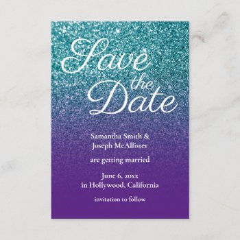 Teal and Purple Ombre Glitter Save the Date Invitation