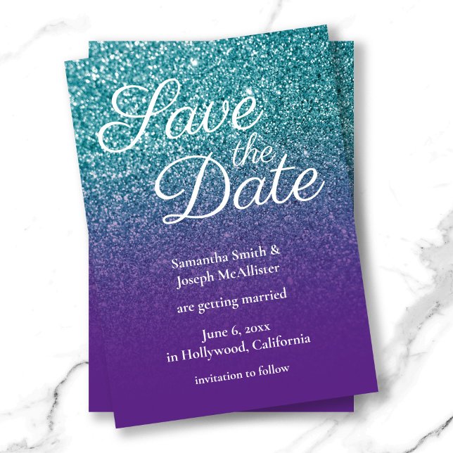 Teal and Purple Ombre Glitter Save the Date Invitation (Teal and Purple Ombre Glitter Save the Date Invitation)