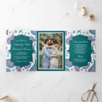 Teal and Purple Paisley Indian Style Wedding Photo Tri-Fold Invitation
