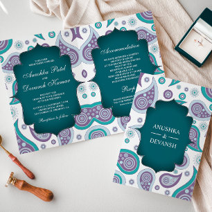 Teal and Purple Paisley Indian Wedding Invitation