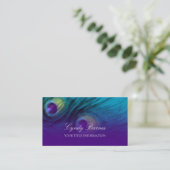 Teal and Purple Peacock Feathers Business Card (Standing Front)