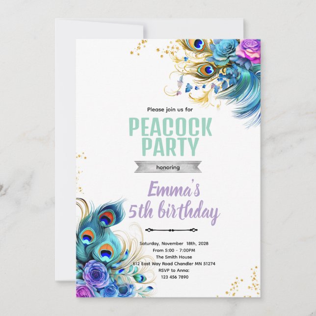 Teal and Purple Peacock theme invite (Front)