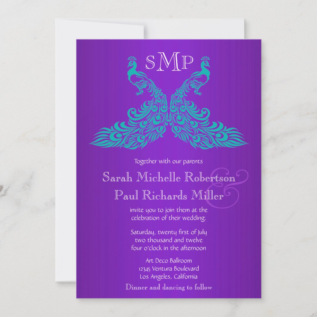 Teal And Purple Peacock Wedding Invitations Zazzle