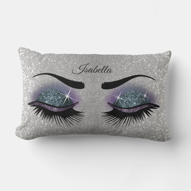 Teal and Purple Smoke Lashes on Silver Glitter Lumbar Pillow (Front)