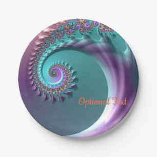 Teal and Purple Spiral Fractal Paper Party Plates