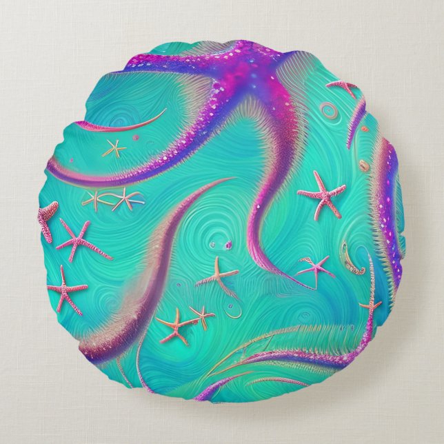 Teal and Purple Starfish Beach Themed Round Pillow (Front)