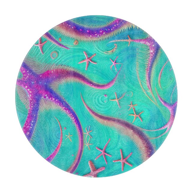  Teal and Purple Starfish Beachy  Cutting Board (Front)