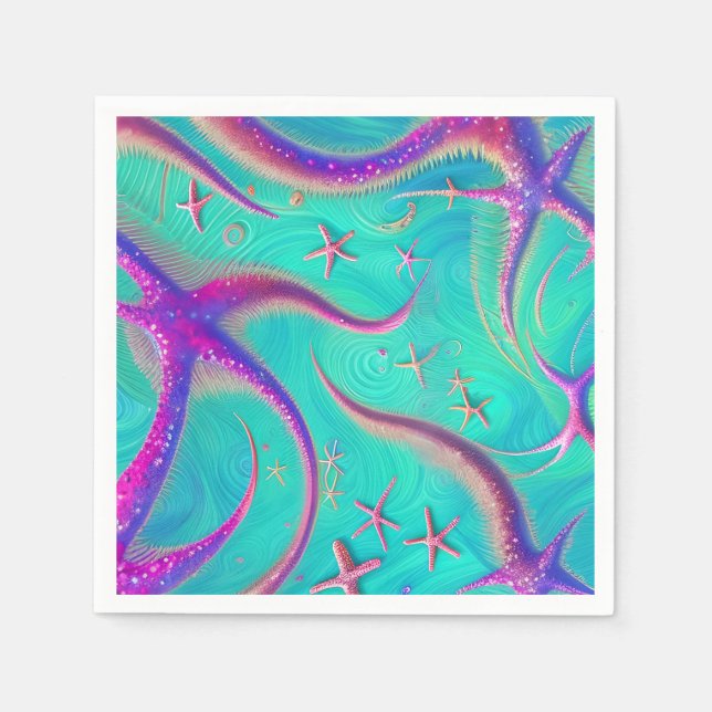  Teal and Purple Starfish Beachy  Napkins (Front)