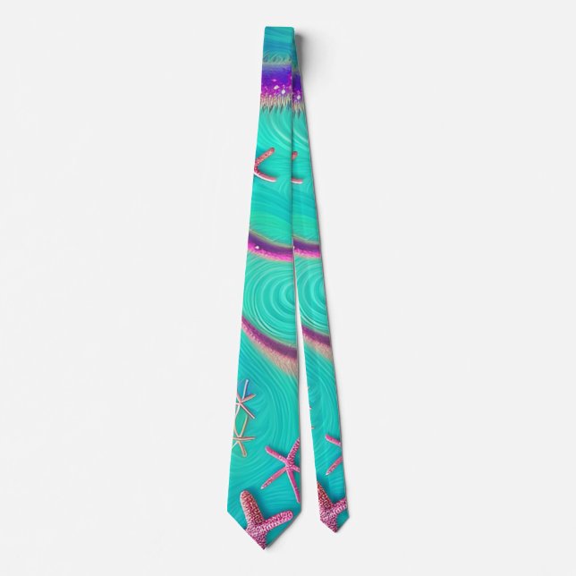  Teal and Purple Starfish Beachy  Neck Tie (Front)