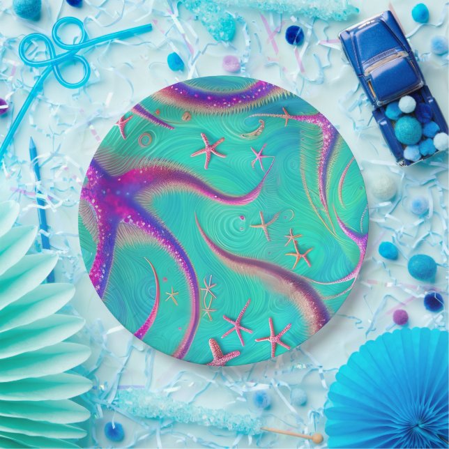  Teal and Purple Starfish Beachy  Paper Plates (Party)