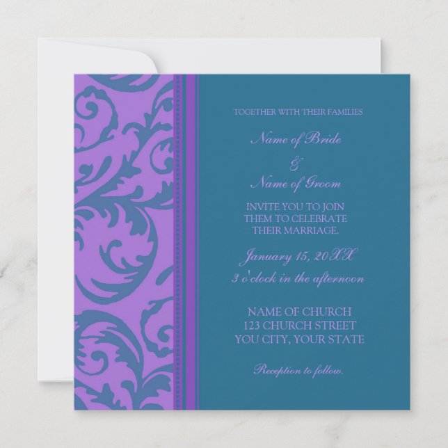 Teal and Purple Swirl Wedding Invitation Cards (Front)