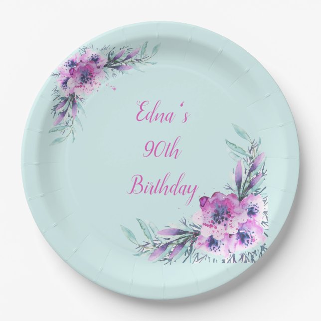 Teal and Purple Watercolor Flowers 90th Paper Plates (Front)