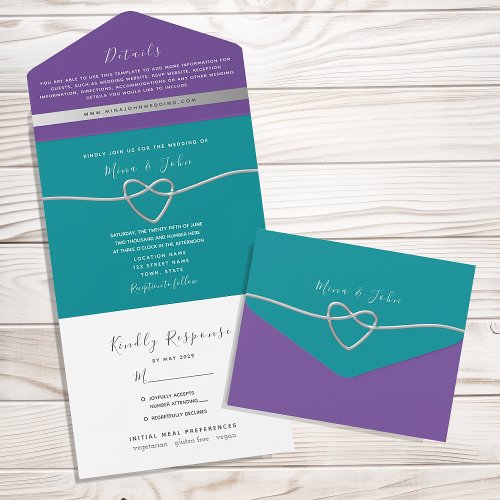 Teal and Purple Wedding All In One Invitation