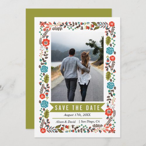 Teal and red border green wedding Save the Date