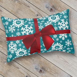 Teal and Red Bow Festive Snowflake Pattern Pet Bed