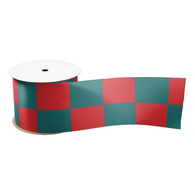 Teal and red checkerboard blocks  satin ribbon (Spool)