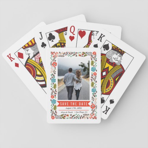 Teal and red floral border wedding Save the Date Playing Cards