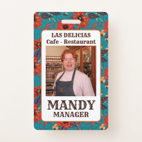 Teal and Red Floral Local Cafe Restaurant  Badge