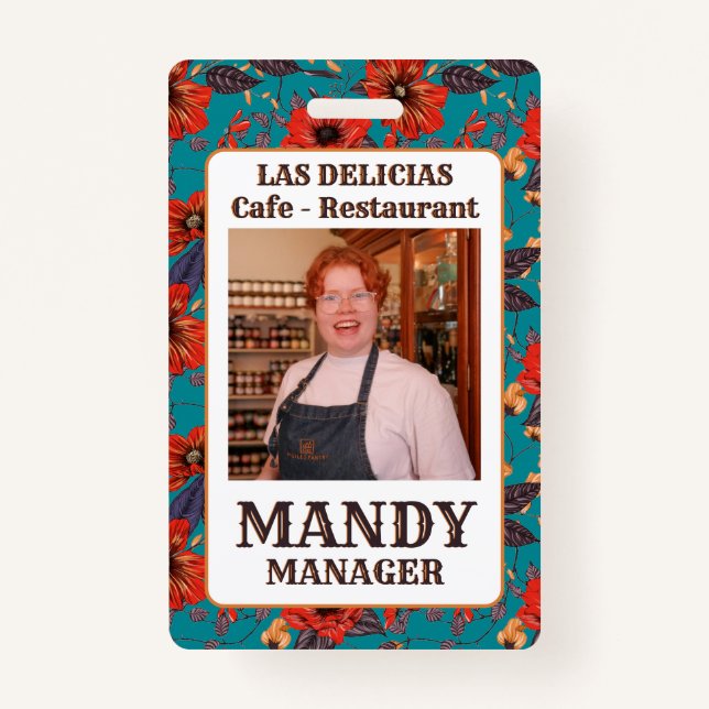 Teal and Red Floral Local Cafe Restaurant  Badge (Front)