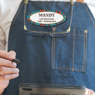 Teal and Red Floral Local Cafe Restaurant Name Tag