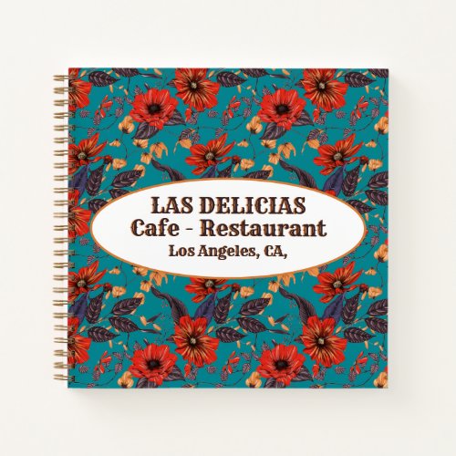 Teal and Red Floral Local Cafe Restaurant Recipe Notebook