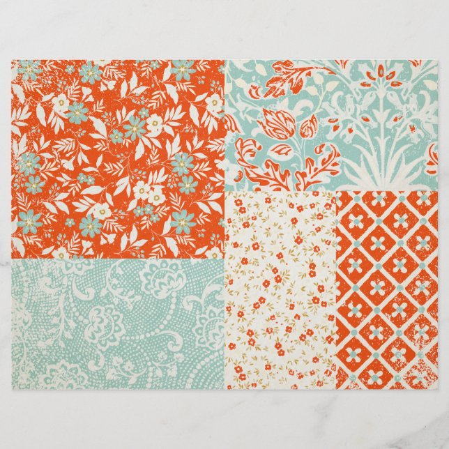 Teal and Red Floral Patchwork Scrapbook Paper (Front)