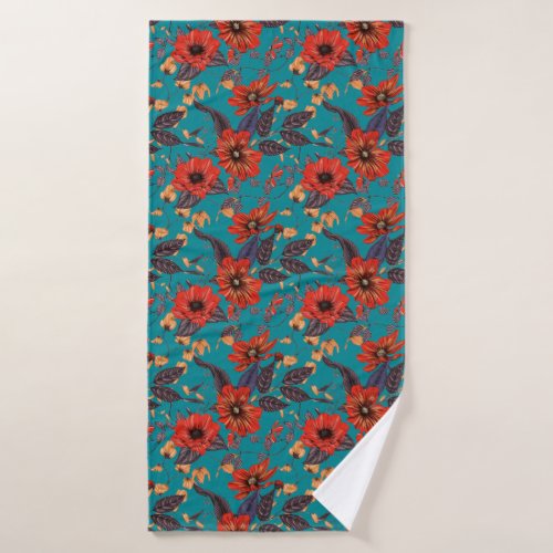 Teal and Red Floral Pattern Bath Towel