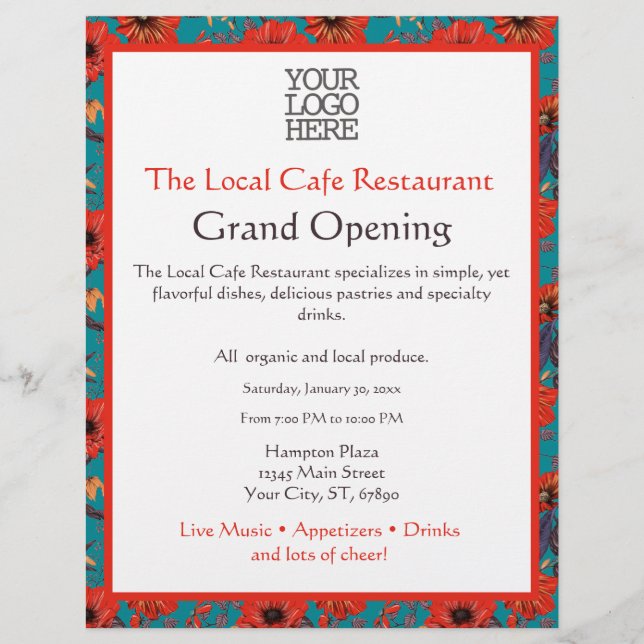 Teal and Red Floral Pattern Business Grand Opening Flyer (Front)