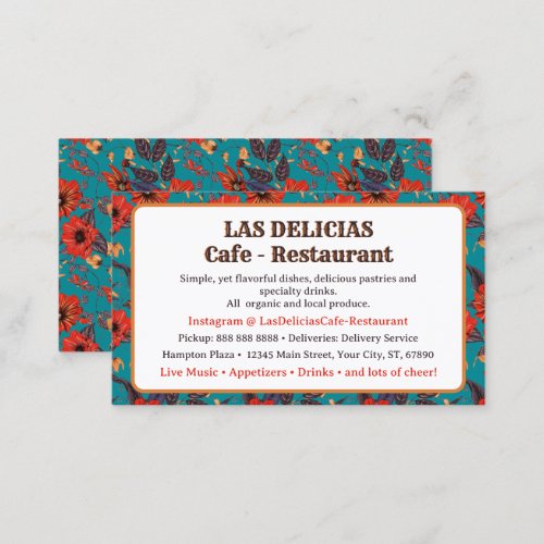 Teal and Red Floral Pattern Cafe Restaurant  Business Card