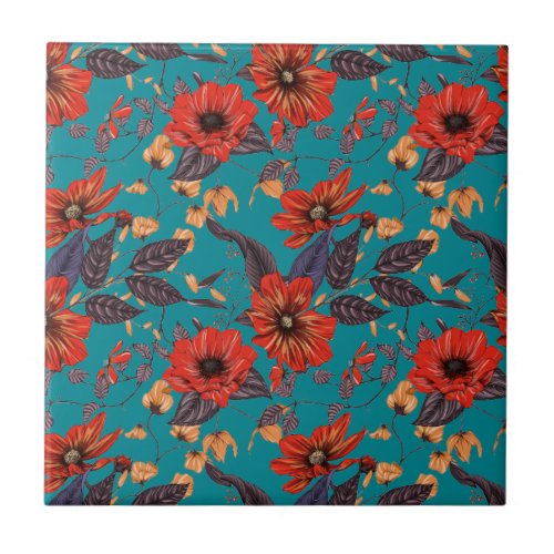 Teal and Red Floral Pattern Ceramic Tile