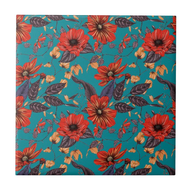 Teal and Red Floral Pattern Ceramic Tile (Front)
