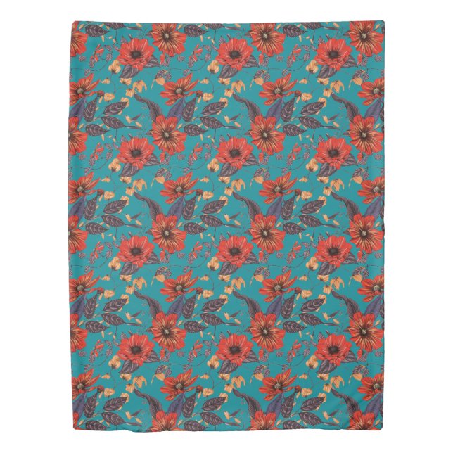 Teal and Red Floral Pattern Duvet Cover (Front)