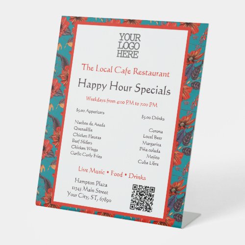 Teal and Red Floral Pattern Happy Hour Specials Pedestal Sign