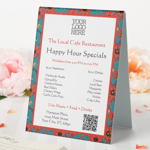 Teal and Red Floral Pattern Happy Hour Specials Table Tent Sign