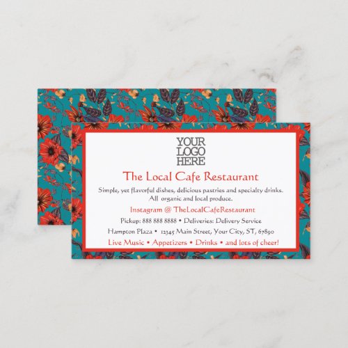 Teal and Red Floral Pattern Local Cafe Restaurant  Business Card