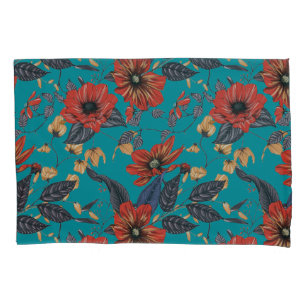 Teal and Red Floral Pattern Pillow Case