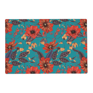 Teal and Red Floral Pattern Placemat