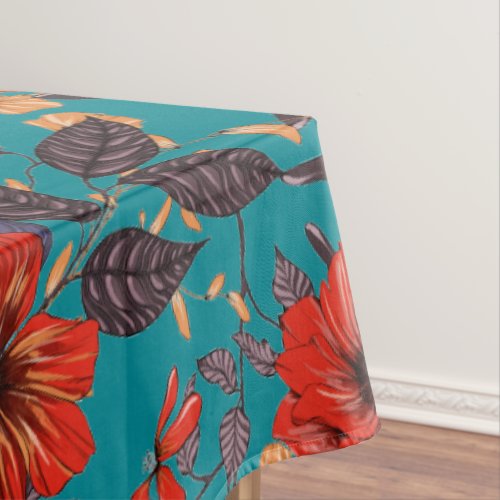 Teal and Red Floral Pattern Tablecloth