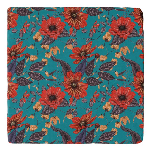Teal and Red Floral Pattern Trivet (Front)